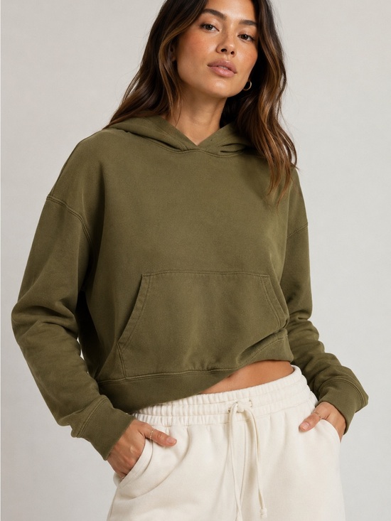 Pact Sweaters - Pact Organic Cotton Cropped Pullover Kangaroo Pocket Olive Green Sweater